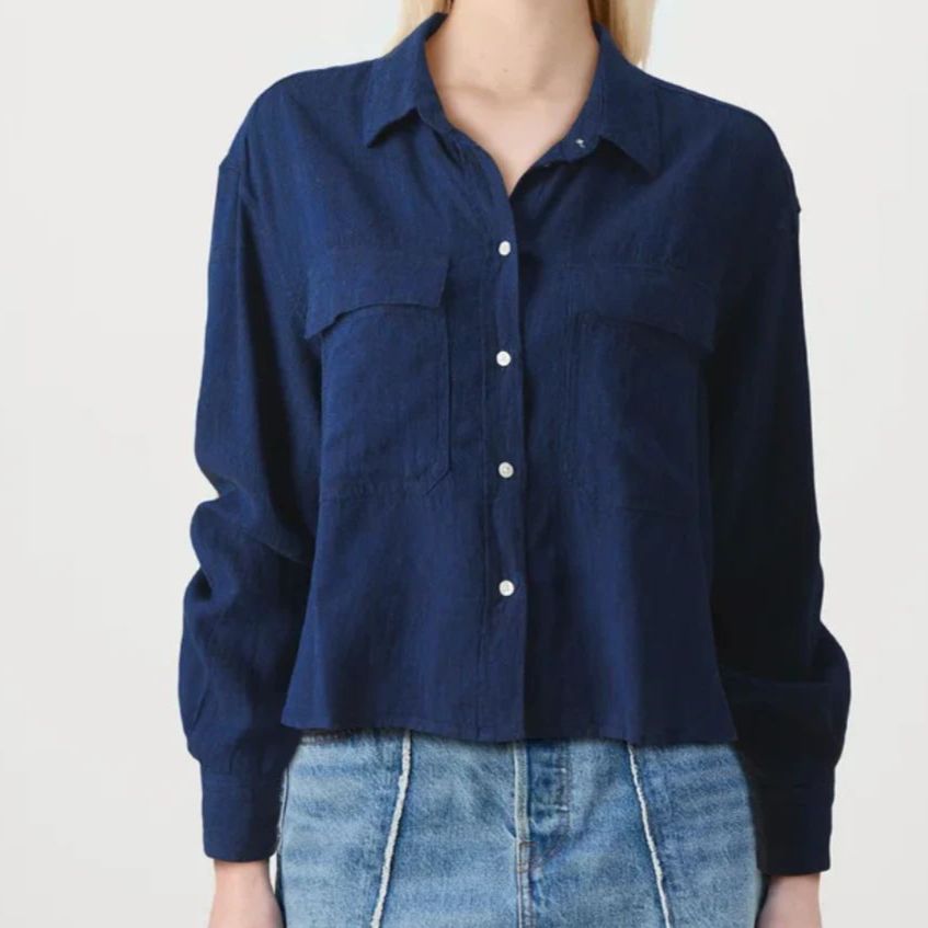 Gap Cropped Button Down Shirt Dark Indigo Denim Look Blouse Women's Xs
